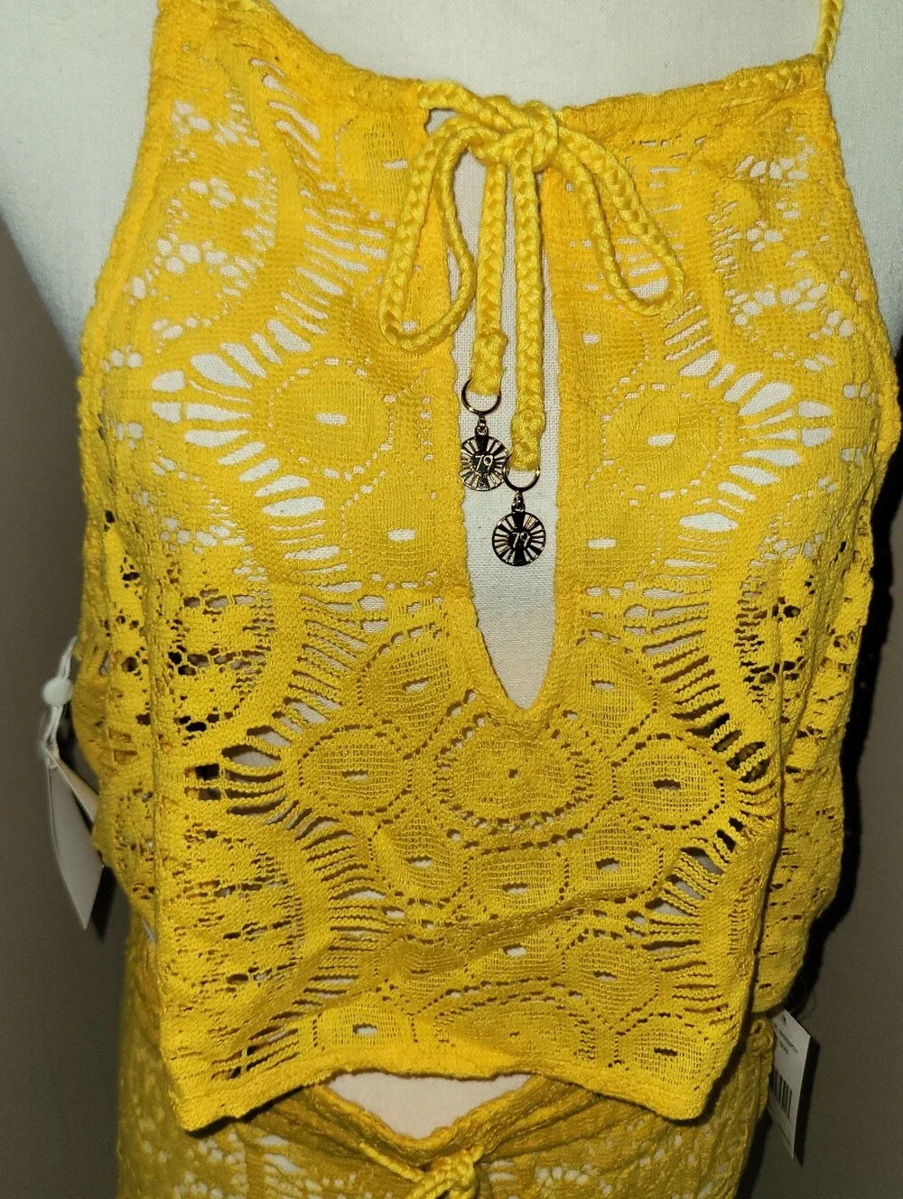 Yellow Crochet Lace Swim Coverup Set - Crochet Slitted Pants & Crop Top